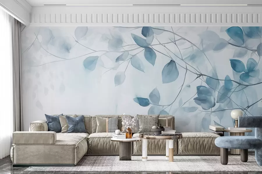 carta da parati Pittura ad acquerello texturizzata con imitazione di foglie e rami blu, colori tenui, dettagli delicati su sfondo bianco nr. w09133v1