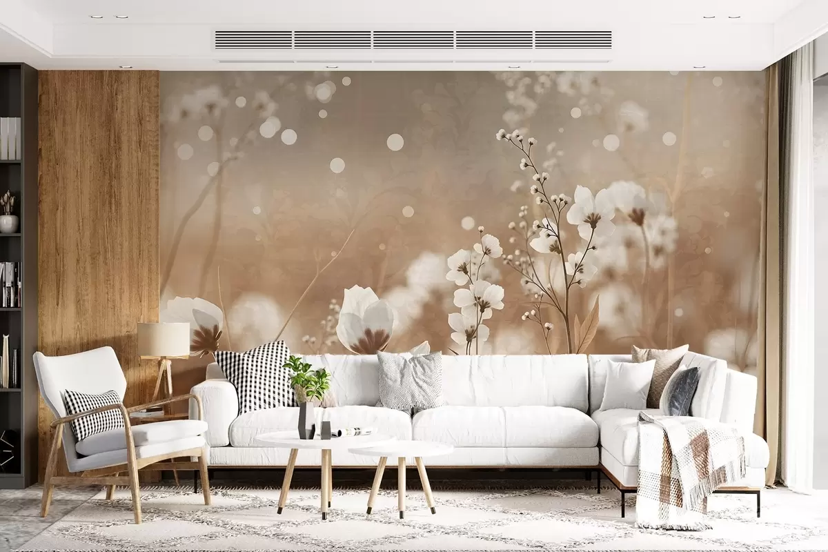 carta da parati Fiori bianchi con steli e foglie marroni in un campo, effetto bokeh, tavolozza di colori caldi, elegante opera d'arte ispirata alla natura nr. w09135