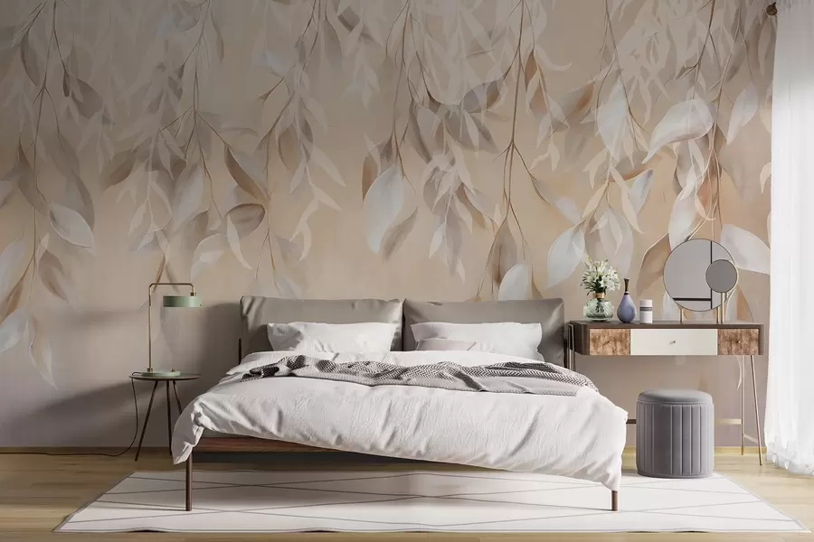 carta da parati Foglie appese di colore bianco e beige con una palette di colori tenui, pesca, grigio e bianco, sfondo delicato  nr. w09136