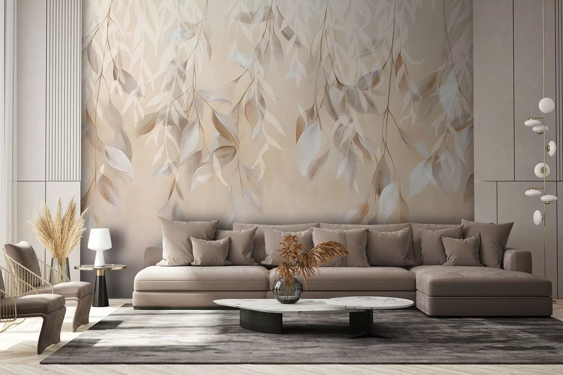 carta da parati Foglie appese di colore bianco e beige con una palette di colori tenui, pesca, grigio e bianco, sfondo delicato  nr. w09136