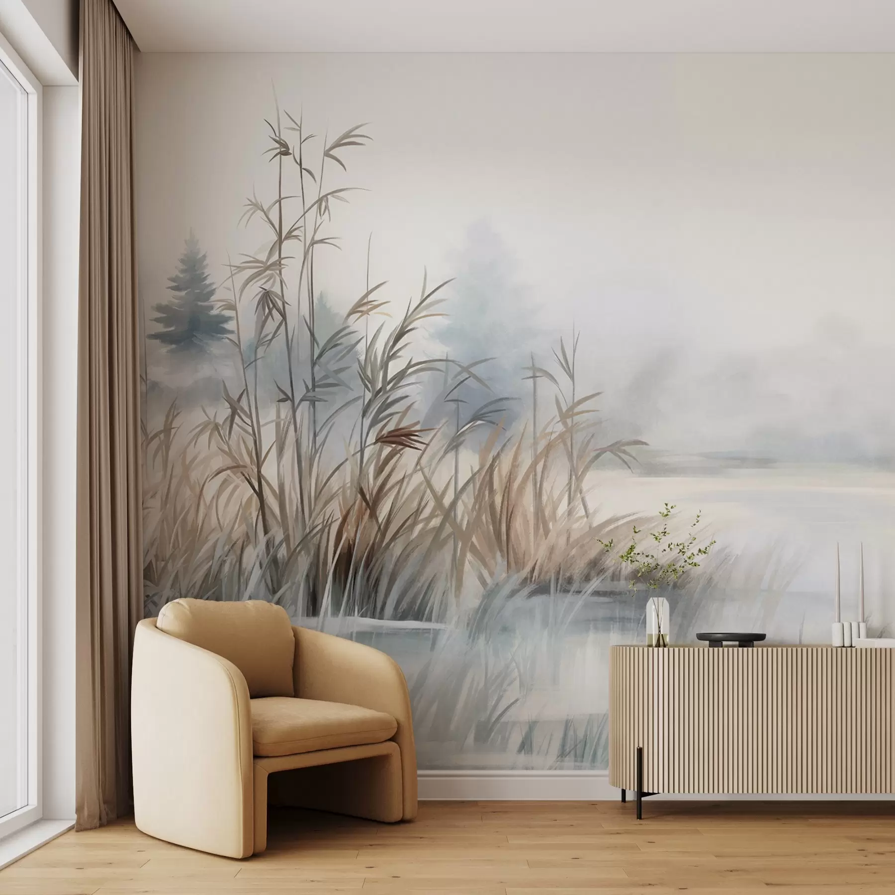 Carta da parati nature Paesaggio strutturato di un lago con erbe alte in primo piano, blu e marrone tenui, acqua calma, alberi in lontananza 