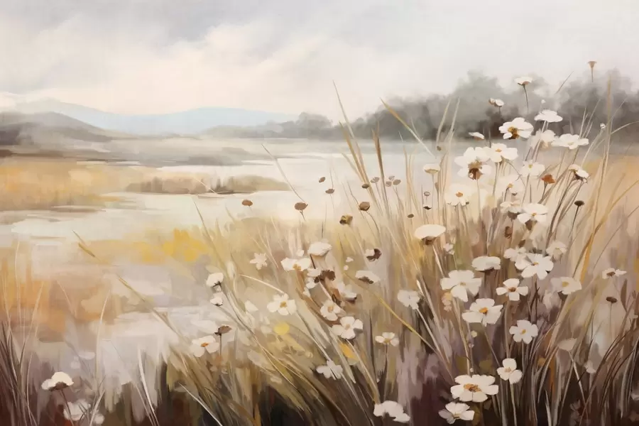 Carta da parati nature Campo di erba alta e margherite bianche, alberi sullo sfondo, sotto un cielo nuvoloso, paesaggio strutturato, pennellate morbide 