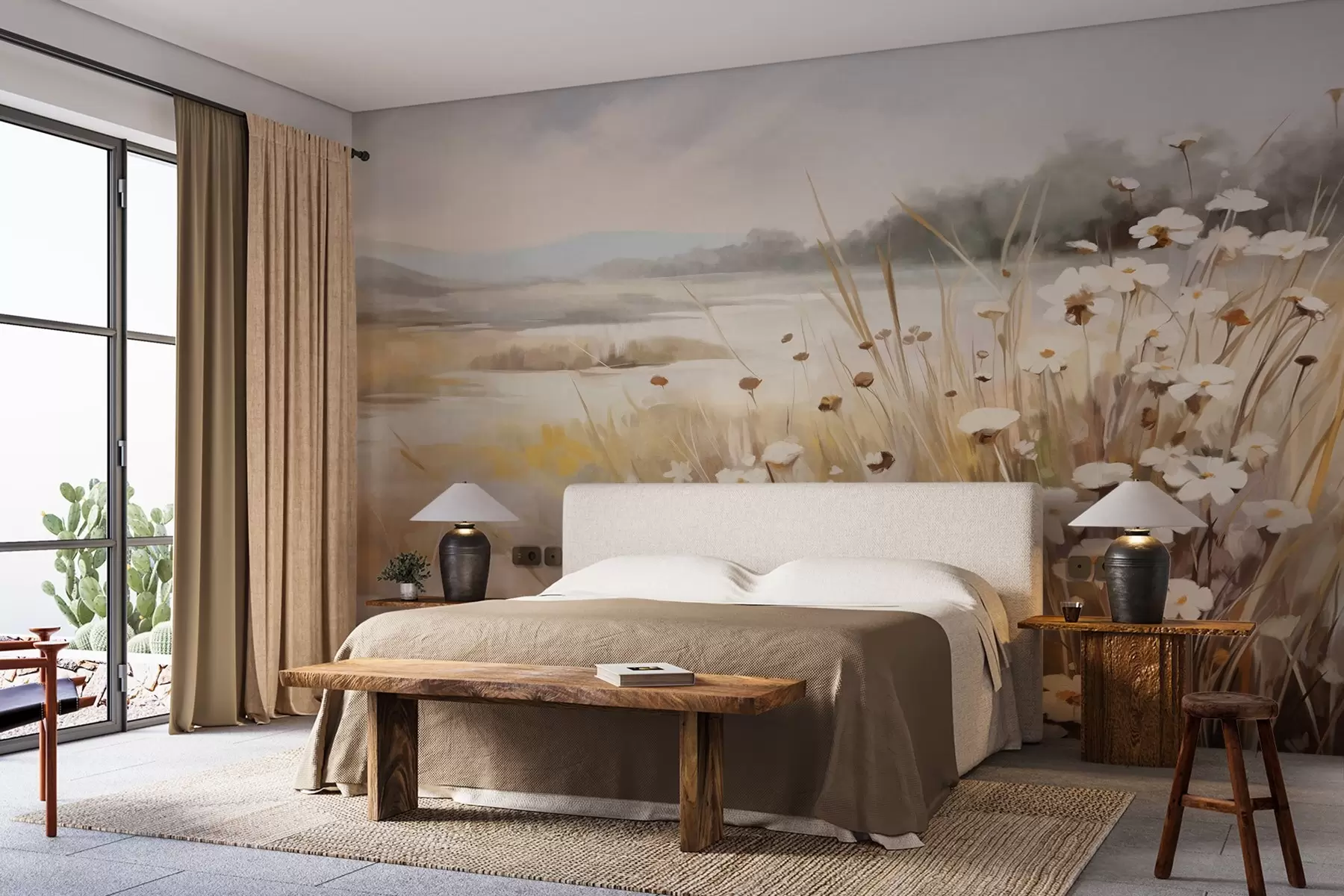 Carta da parati nature Campo di erba alta e margherite bianche, alberi sullo sfondo, sotto un cielo nuvoloso, paesaggio strutturato, pennellate morbide 