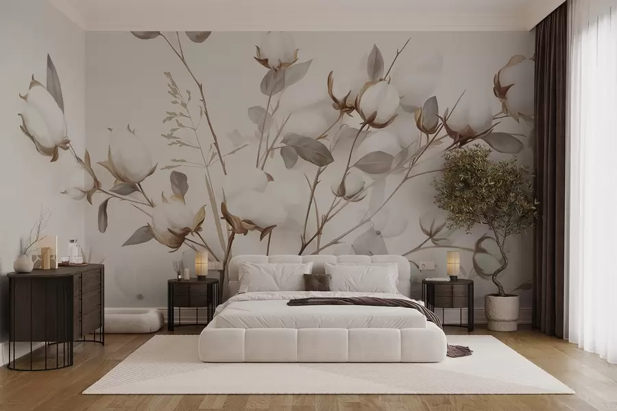 Carta da parati Floreale Fiori di cotone con steli e foglie in una tavolozza di colori marrone chiaro, sfondo beige, morbido e delicato, stile acquerello n. w09141