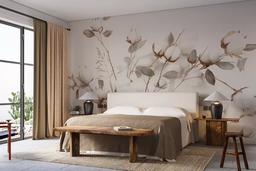 Carta da parati Floreale Fiori di cotone con steli e foglie in una tavolozza di colori marrone chiaro, sfondo beige, morbido e delicato, stile acquerello n. w09141