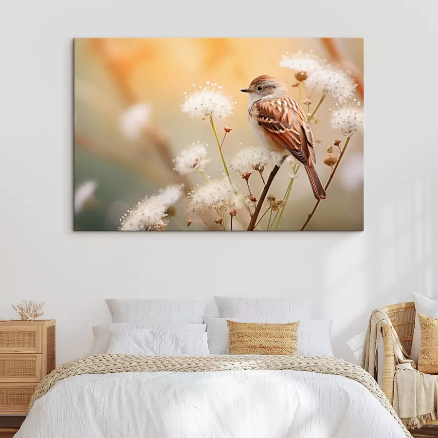 carta da parati Uccello appollaiato su un ramo con fiori bianchi, soft focus, sfondo naturale nr. s44393