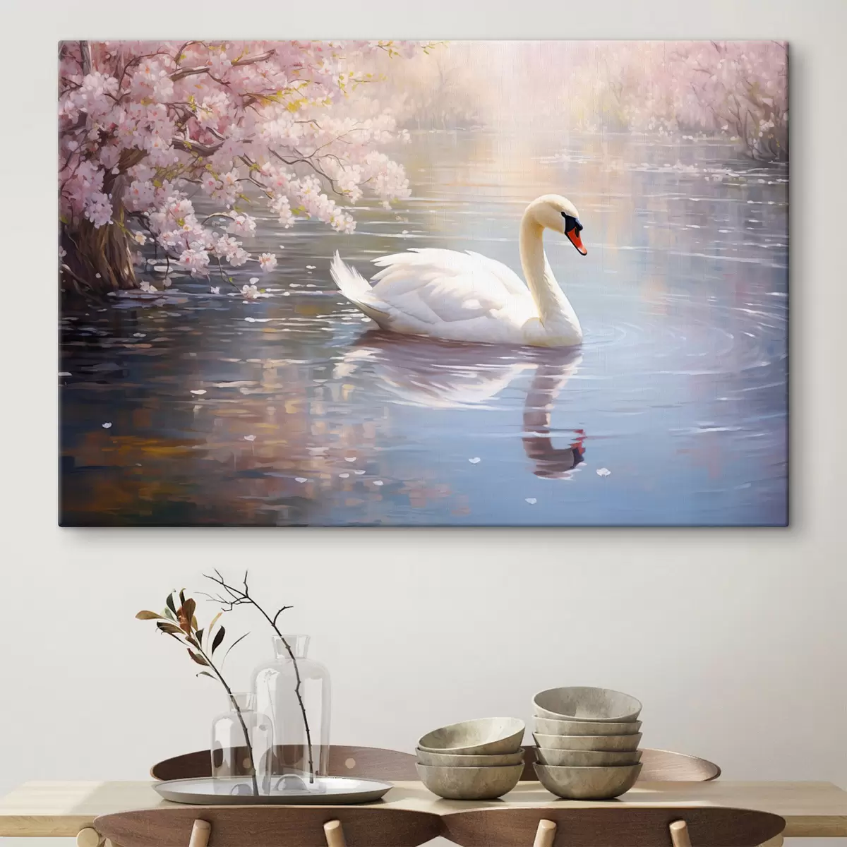 carta da parati Un cigno bianco che nuota in un lago con alberi di ciliegio in fiore, colori pastello nr. s44396
