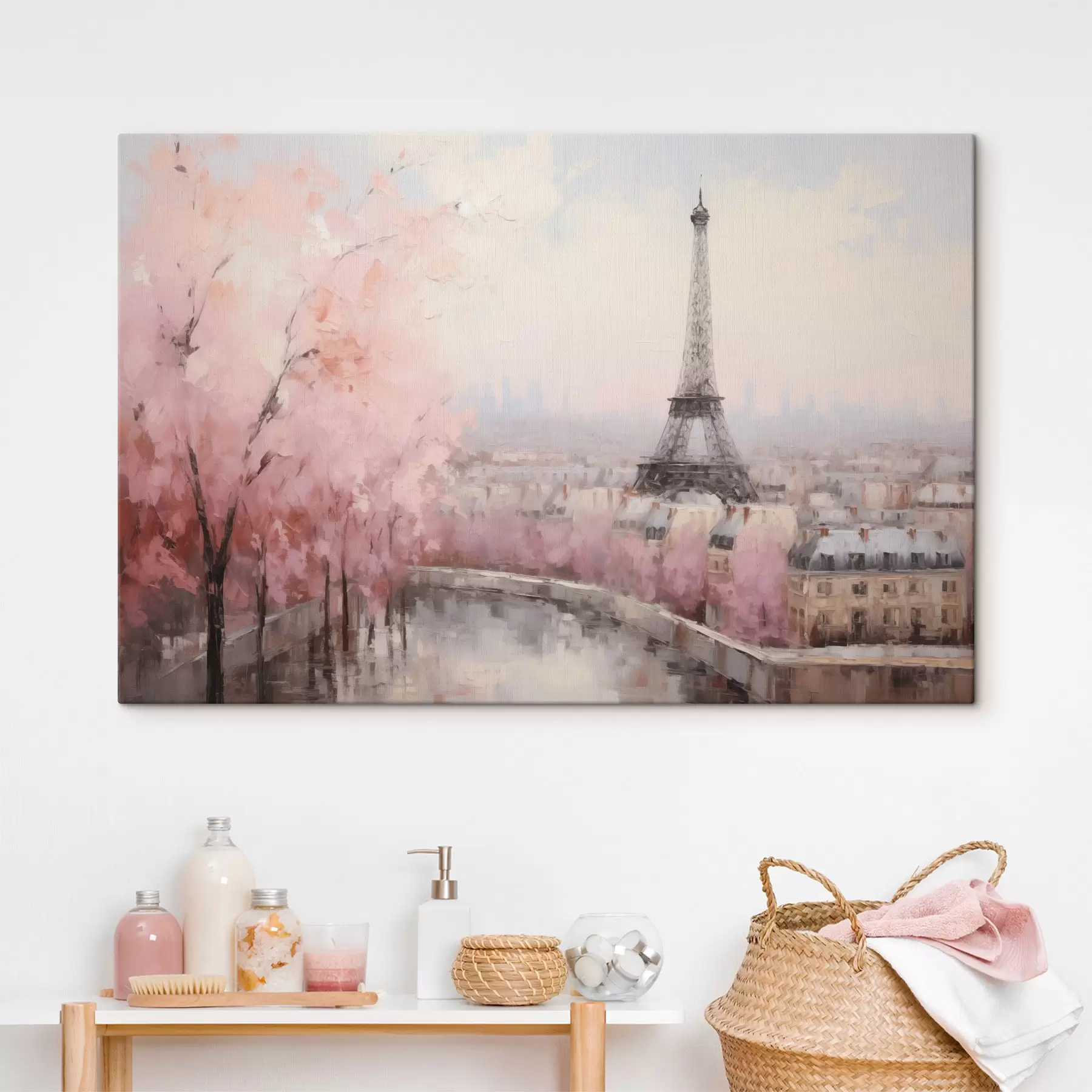 carta da parati Torre Eiffel a Parigi con alberi di ciliegio in fiore in primavera, colori pastello tenui nr. s44398
