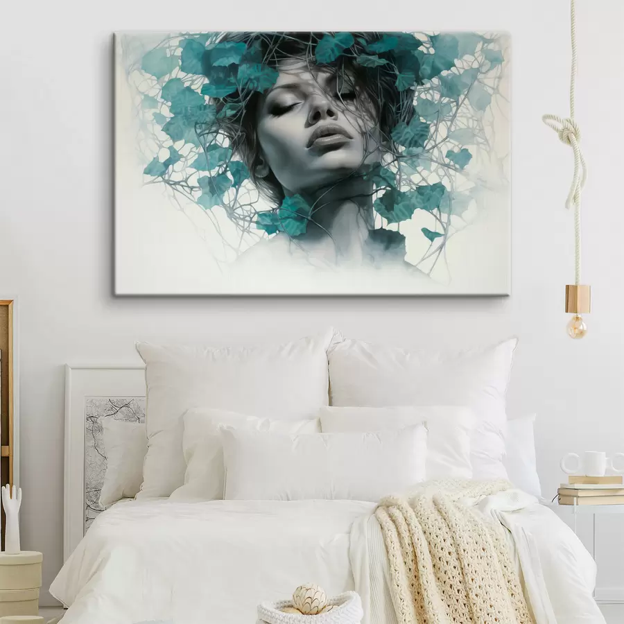 carta da parati Ritratto di donna con gli occhi chiusi, circondata da foglie e rami verdi nr. s44399