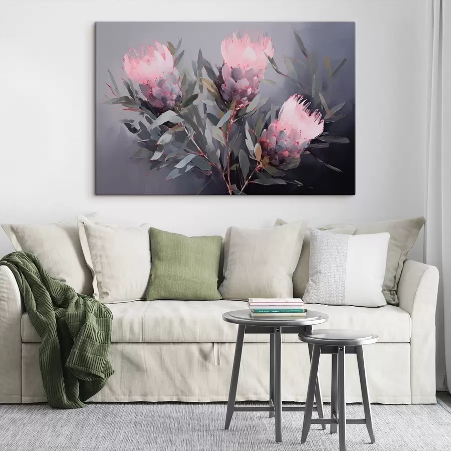 carta da parati Fiori di protea rosa con foglie verdi, pennellate morbide, colori scuri, composizione elegante nr. s44400