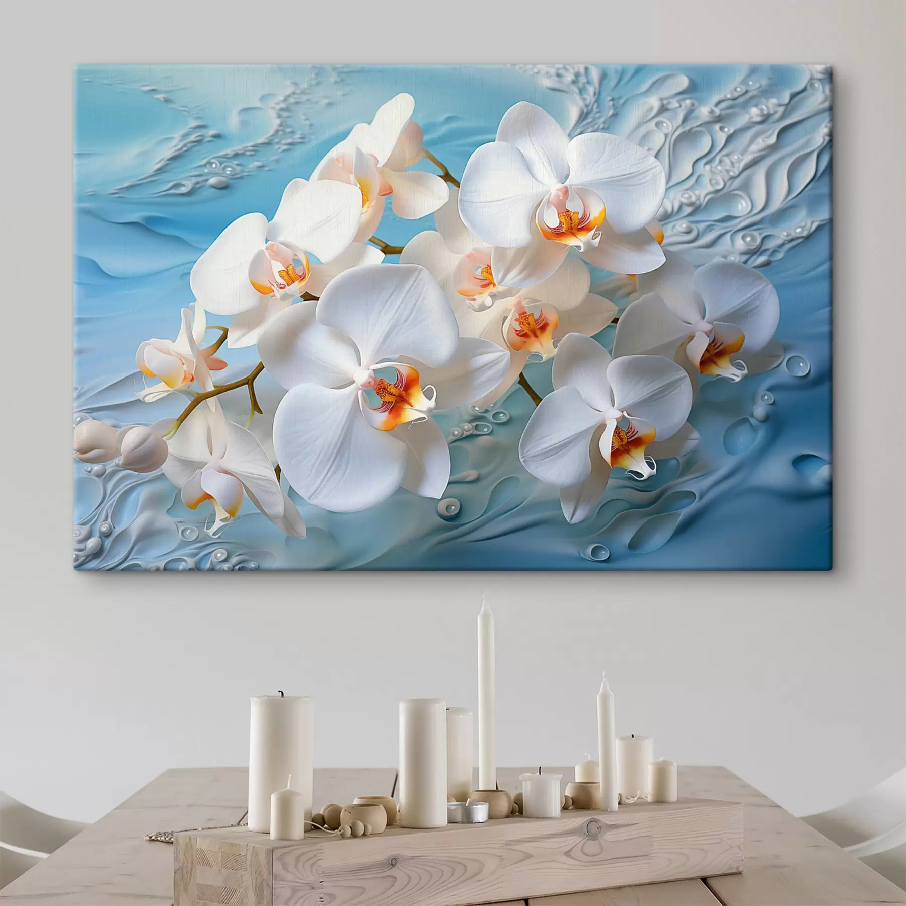 carta da parati Orchidee bianche, disposte su una superficie azzurra con gocce d'acqua, illuminazione soffusa nr. s44401