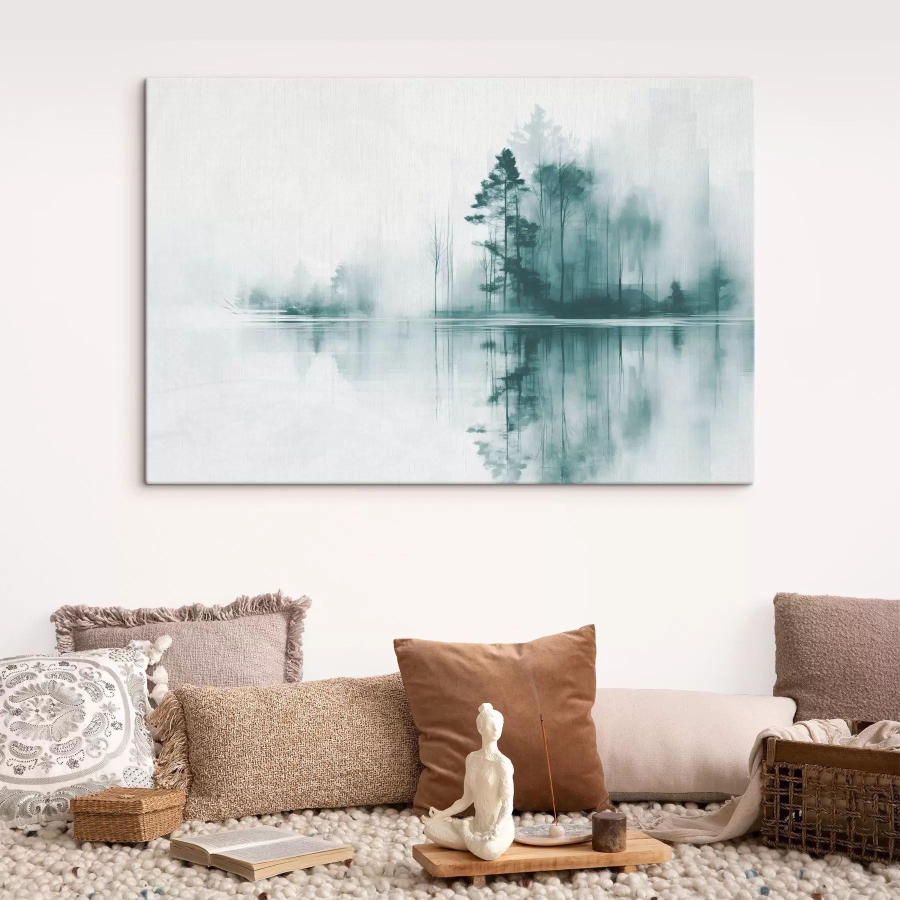 carta da parati Foresta astratta con alberi ad alto fusto riflessi nell'acqua, tavolozza di colori tenui nr. s44403