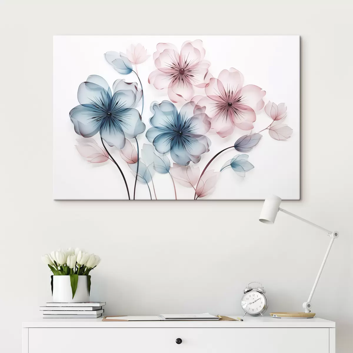 carta da parati Fiori traslucidi di colore rosa tenue e blu con stami e steli visibili nr. s44405