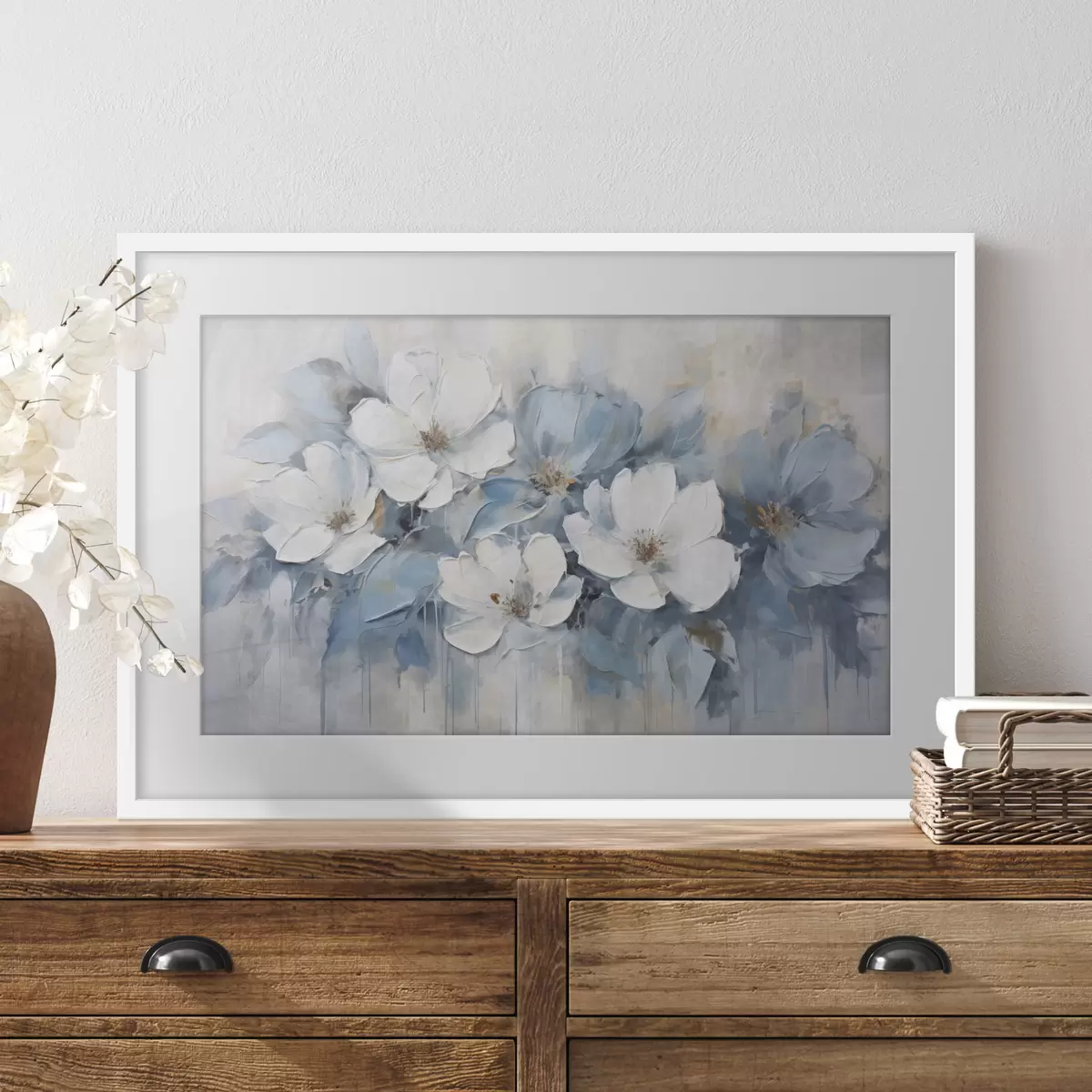 Poster Fiori bianchi su velature blu f44395