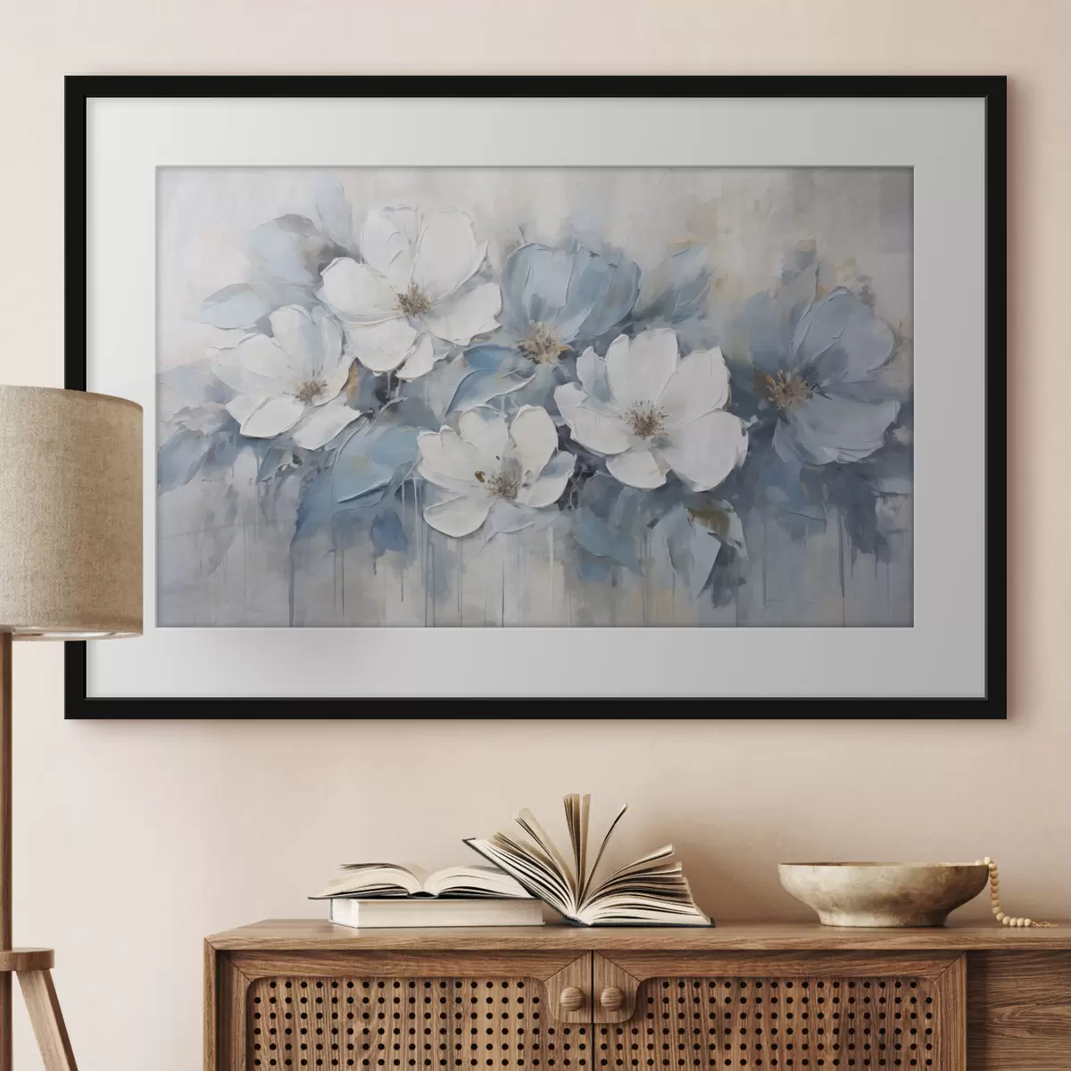 Poster Fiori bianchi su velature blu f44395