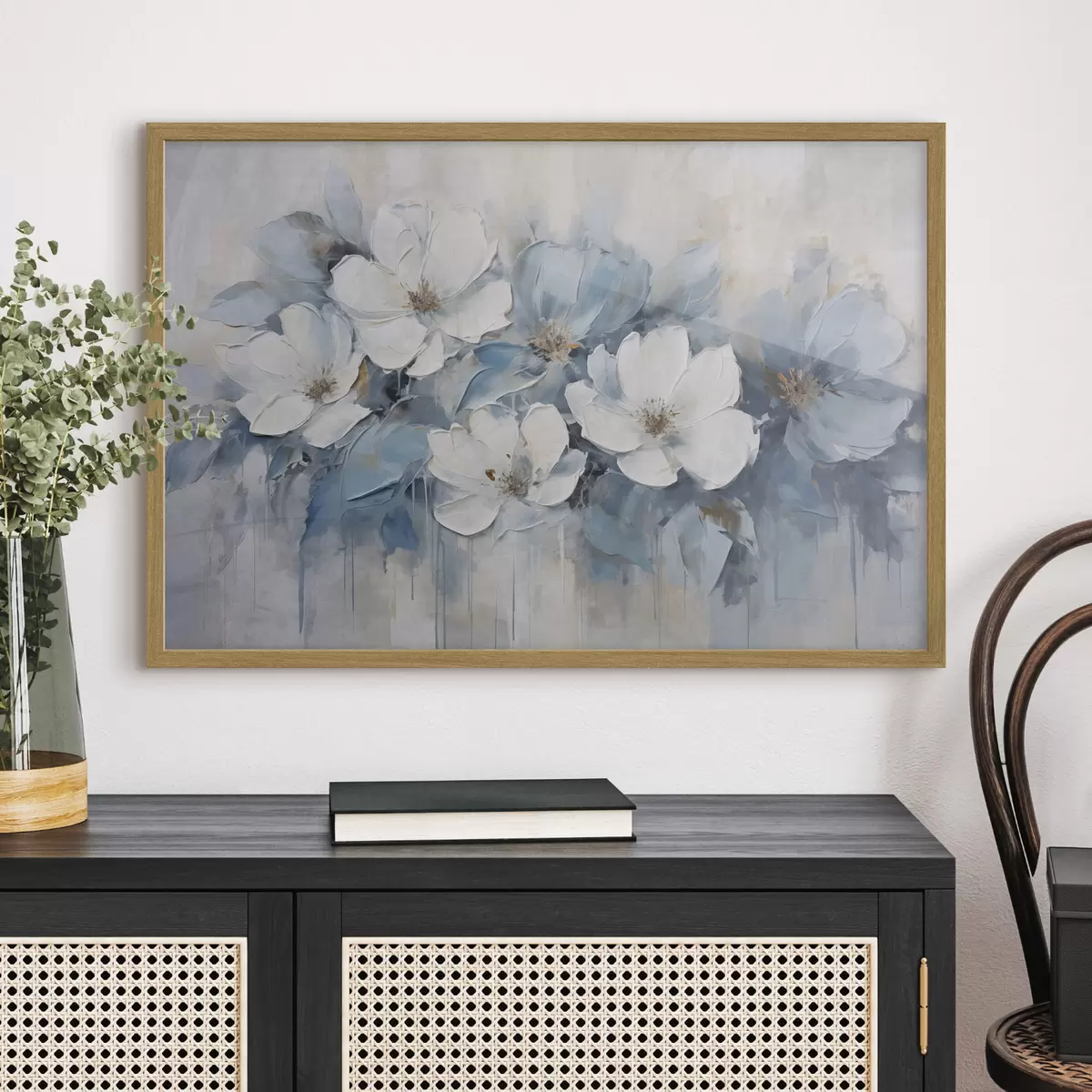 Poster Fiori bianchi su velature blu f44395