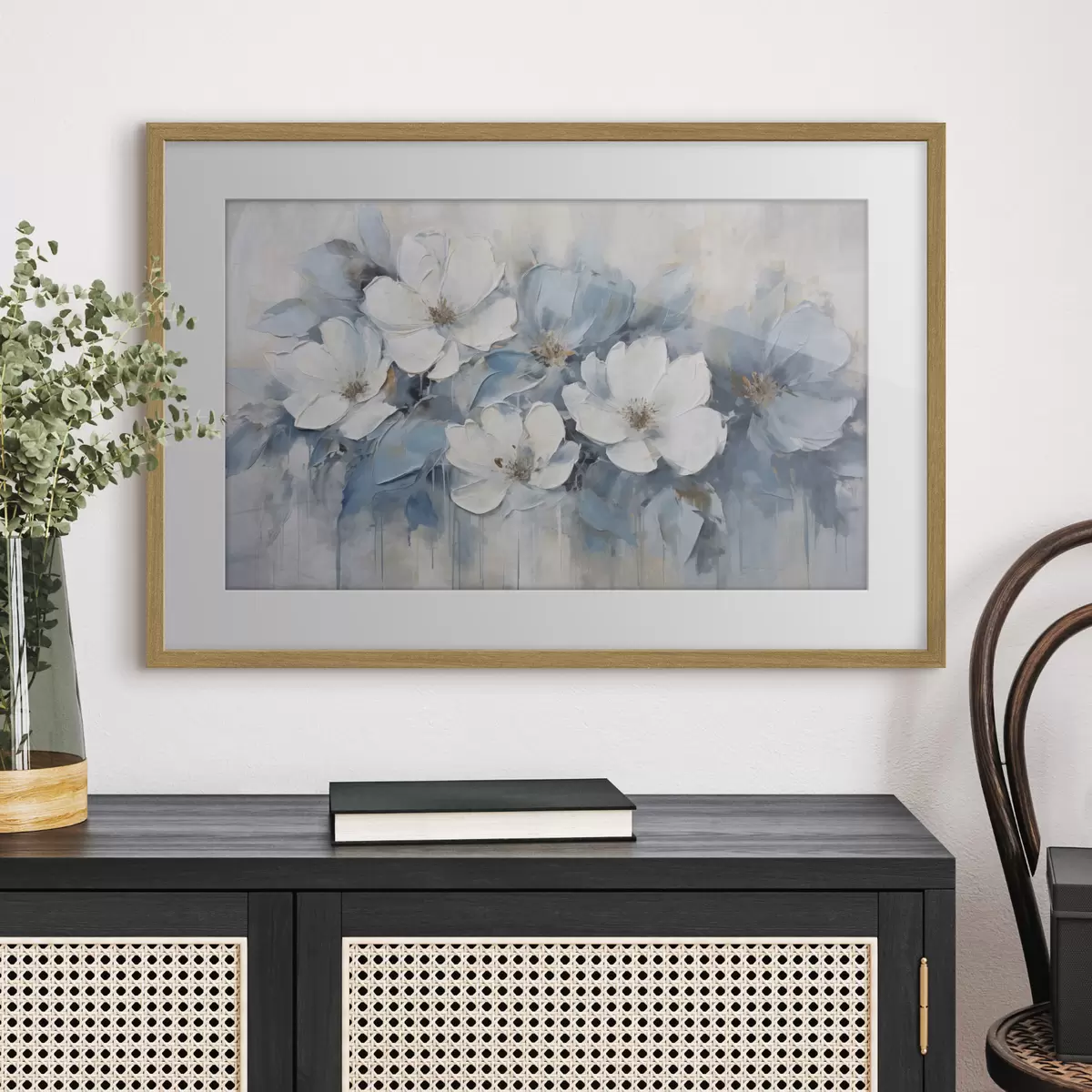 Poster Fiori bianchi su velature blu f44395