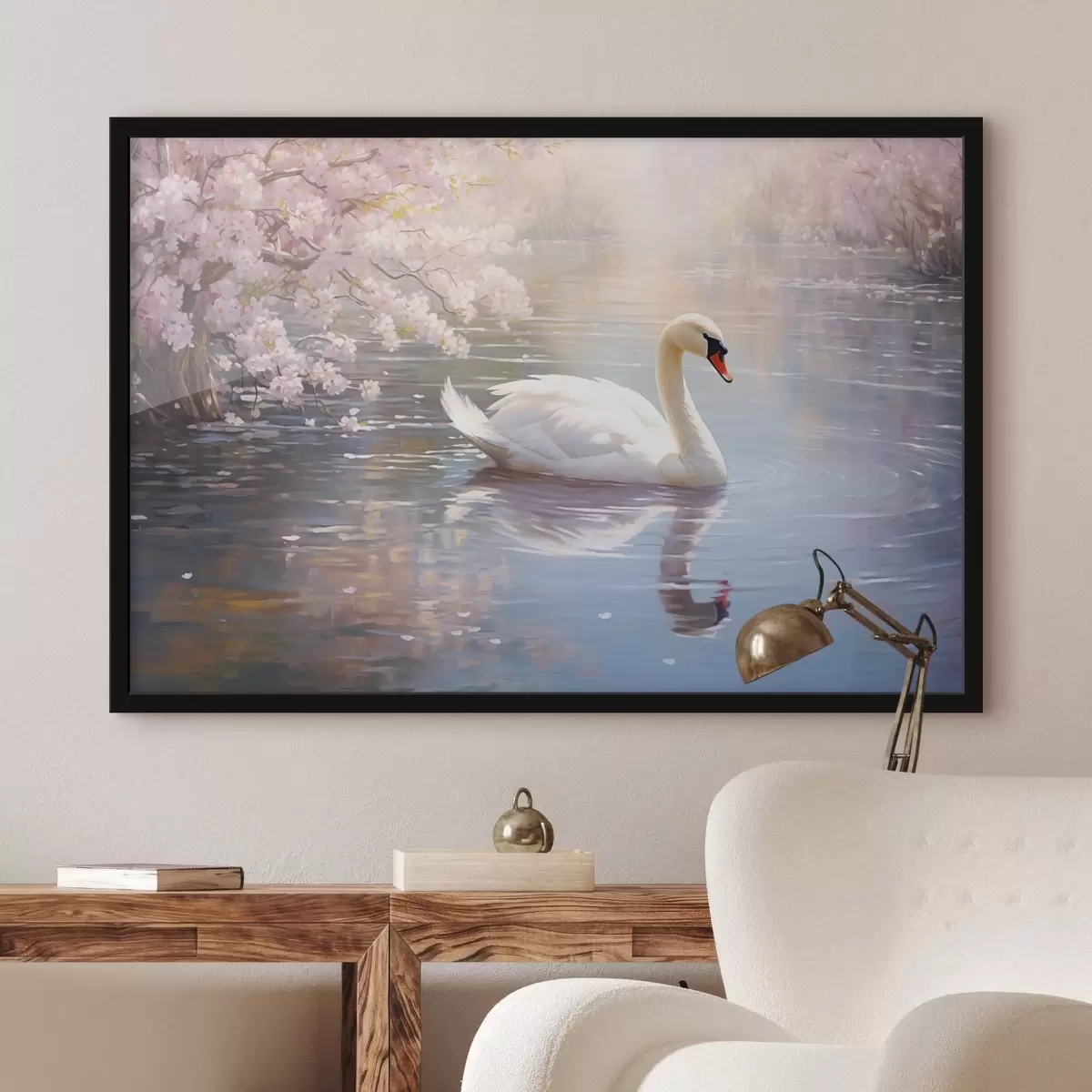 Poster Un cigno bianco che nuota in un lago con alberi di ciliegio in fiore, colori pastello f44396