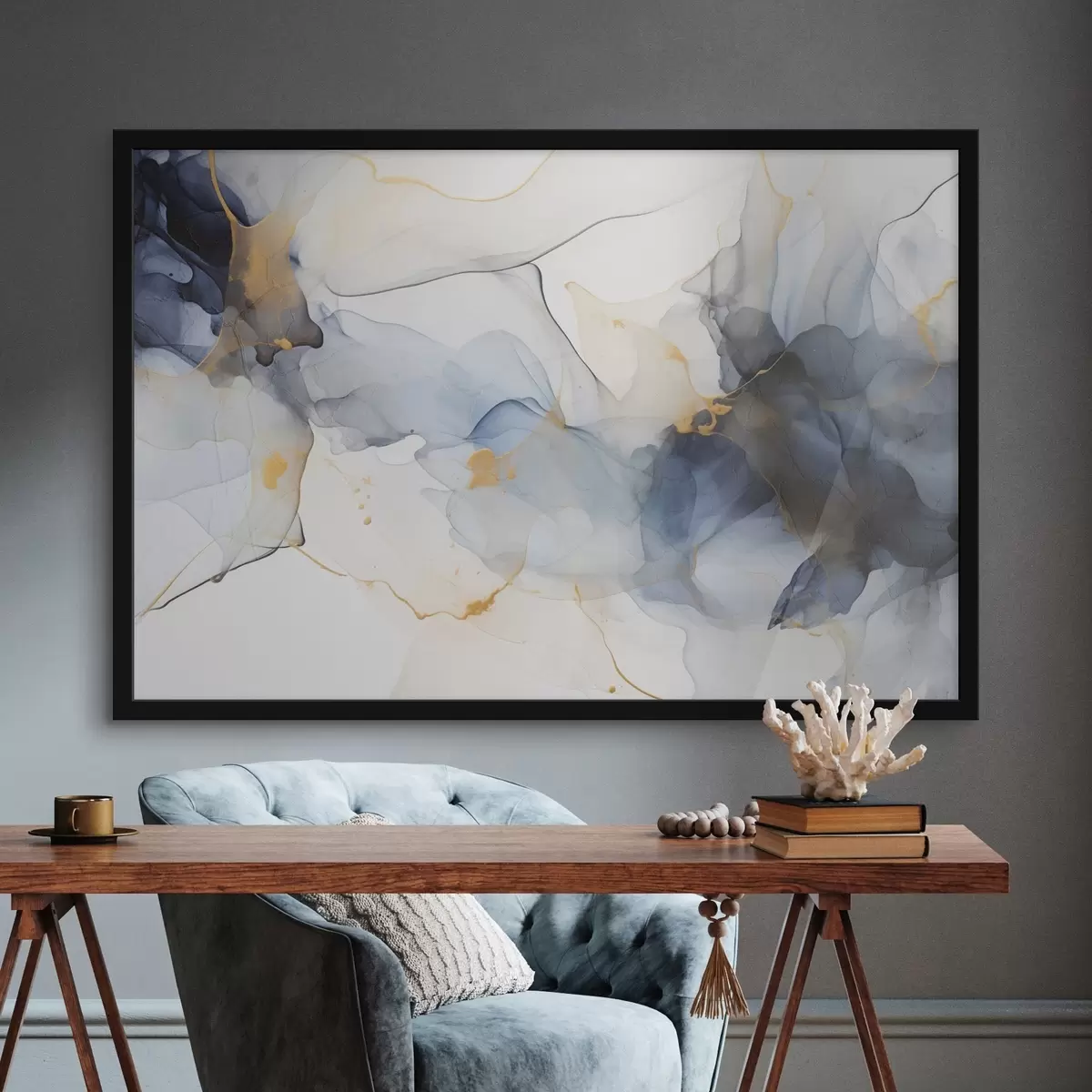 Poster Pittura astratta con inchiostro blu, forme fluide e organiche, texture delicate su sfondo bianco f44397