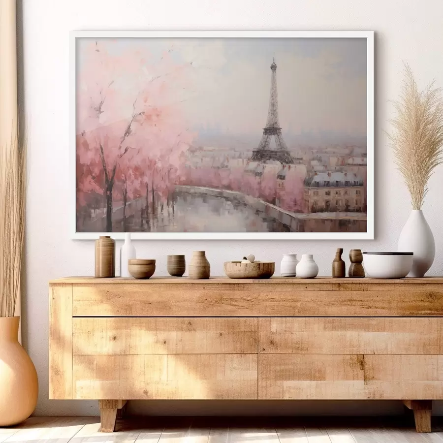 carta da parati Torre Eiffel a Parigi con alberi di ciliegio in fiore in primavera, colori pastello tenui nr. f44398