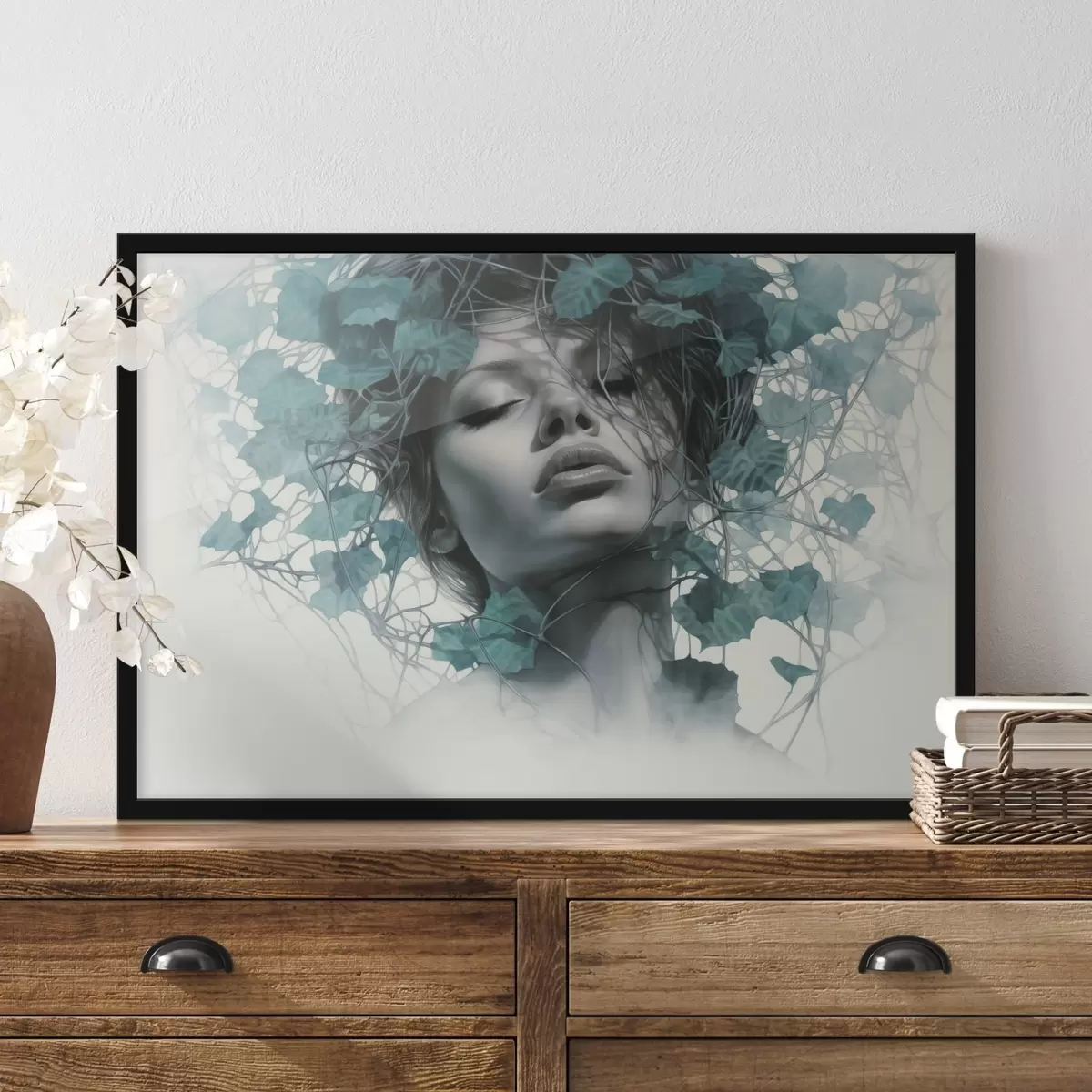 Poster Ritratto di donna con gli occhi chiusi, circondata da foglie e rami verdi f44399