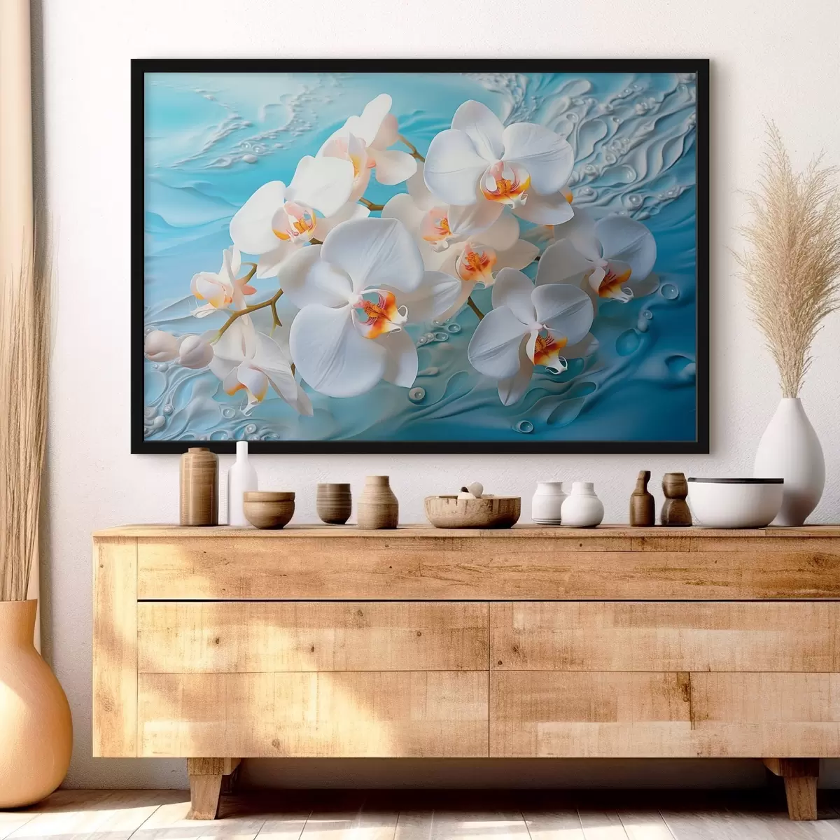 Poster Orchidee bianche, disposte su una superficie azzurra con gocce d'acqua, illuminazione soffusa f44401