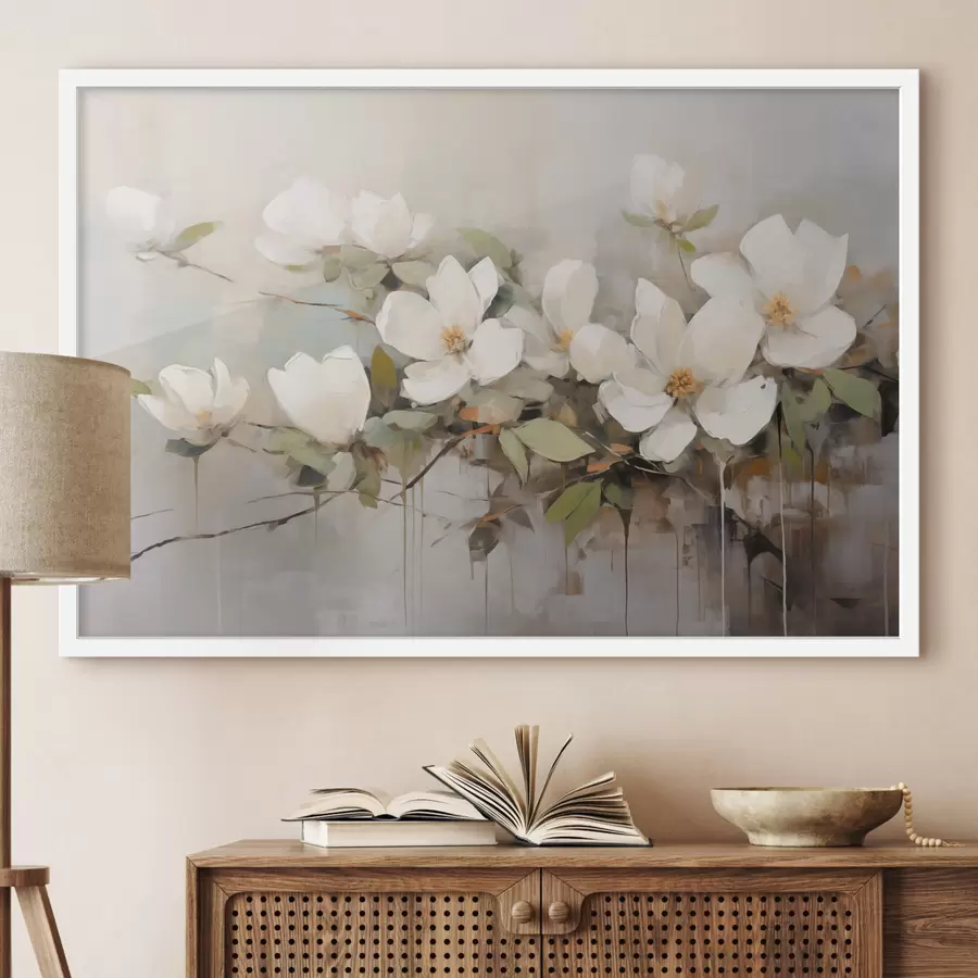 carta da parati Fiori di magnolia bianchi con foglie verdi su un ramo, pennellate morbide, colori tenui nr. f44404