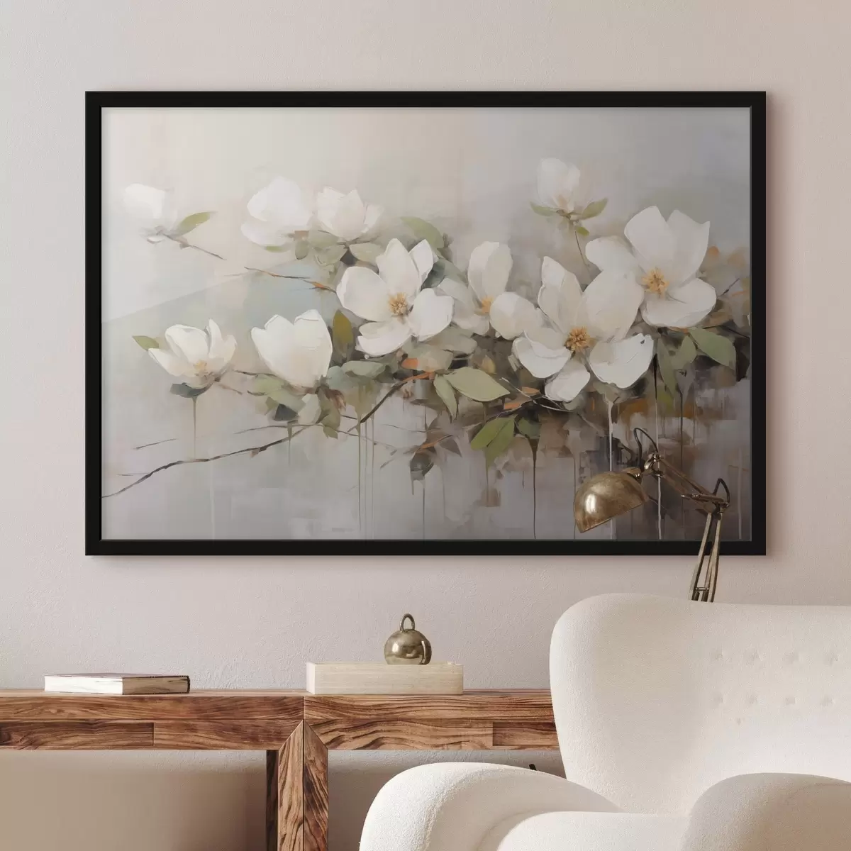 Poster Fiori di magnolia bianchi con foglie verdi su un ramo, pennellate morbide, colori tenui f44404