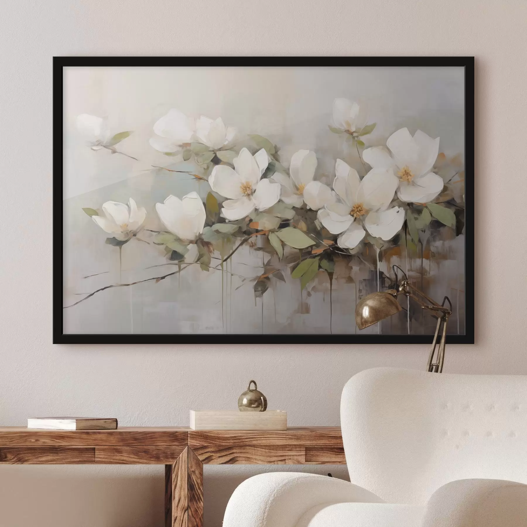 carta da parati Fiori di magnolia bianchi con foglie verdi su un ramo, pennellate morbide, colori tenui nr. f44404
