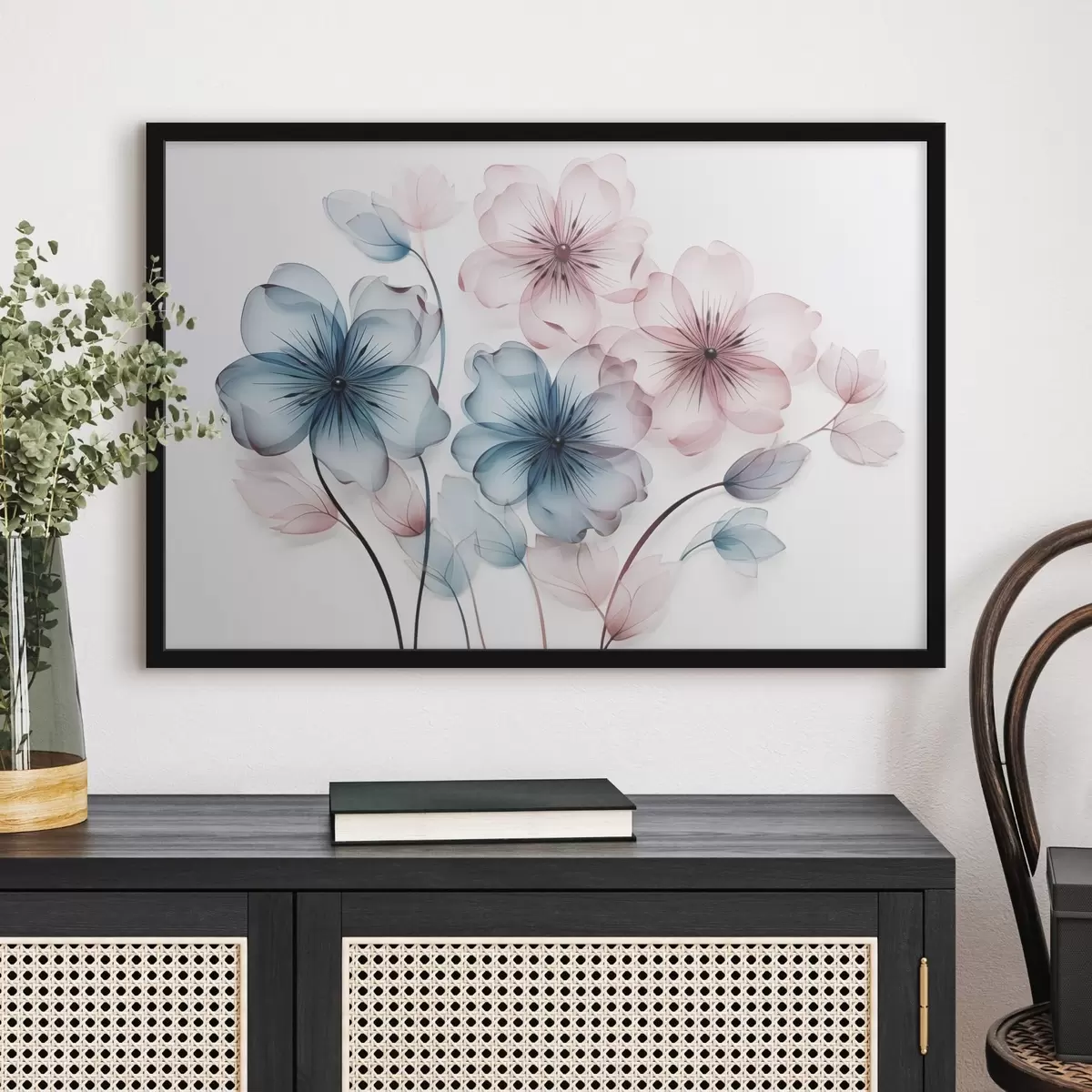 Poster Fiori traslucidi di colore rosa tenue e blu con stami e steli visibili f44405