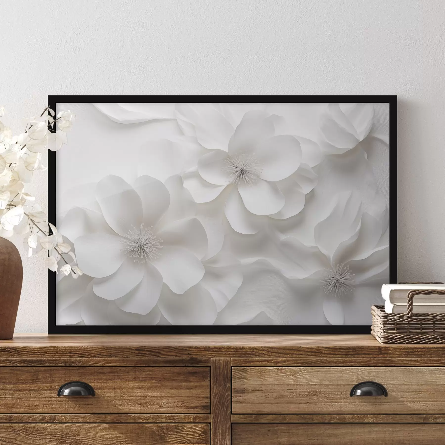 carta da parati Fiori decorativi bianchi con petali delicati e stami intricati nr. f44406