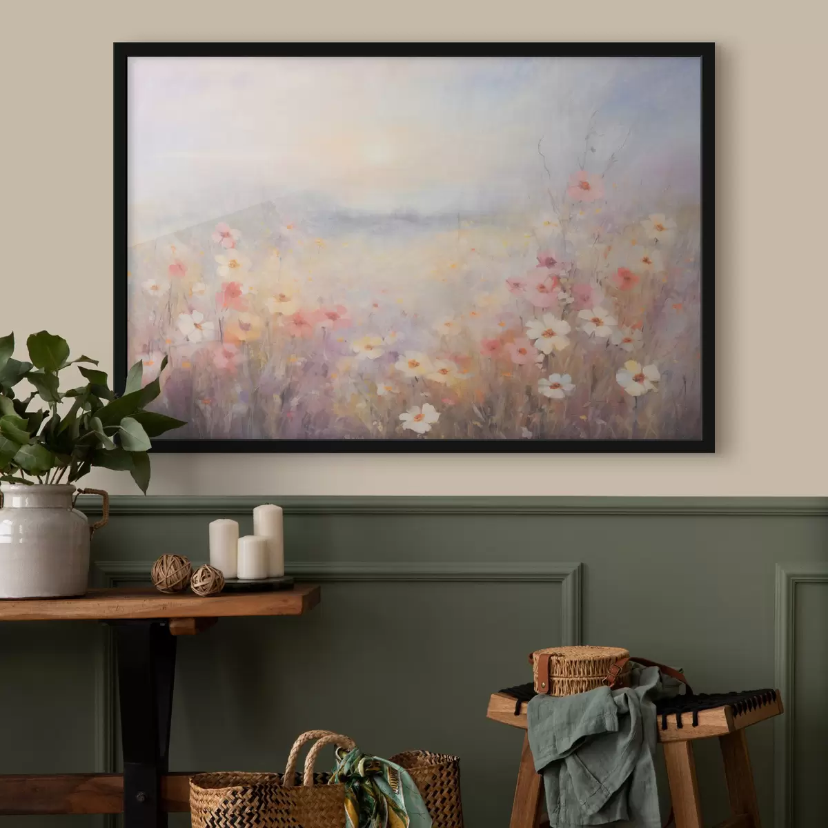 Poster Paesaggio soleggiato e strutturato di campo di fiori, colori pastello tenui, atmosfera sognante f44408