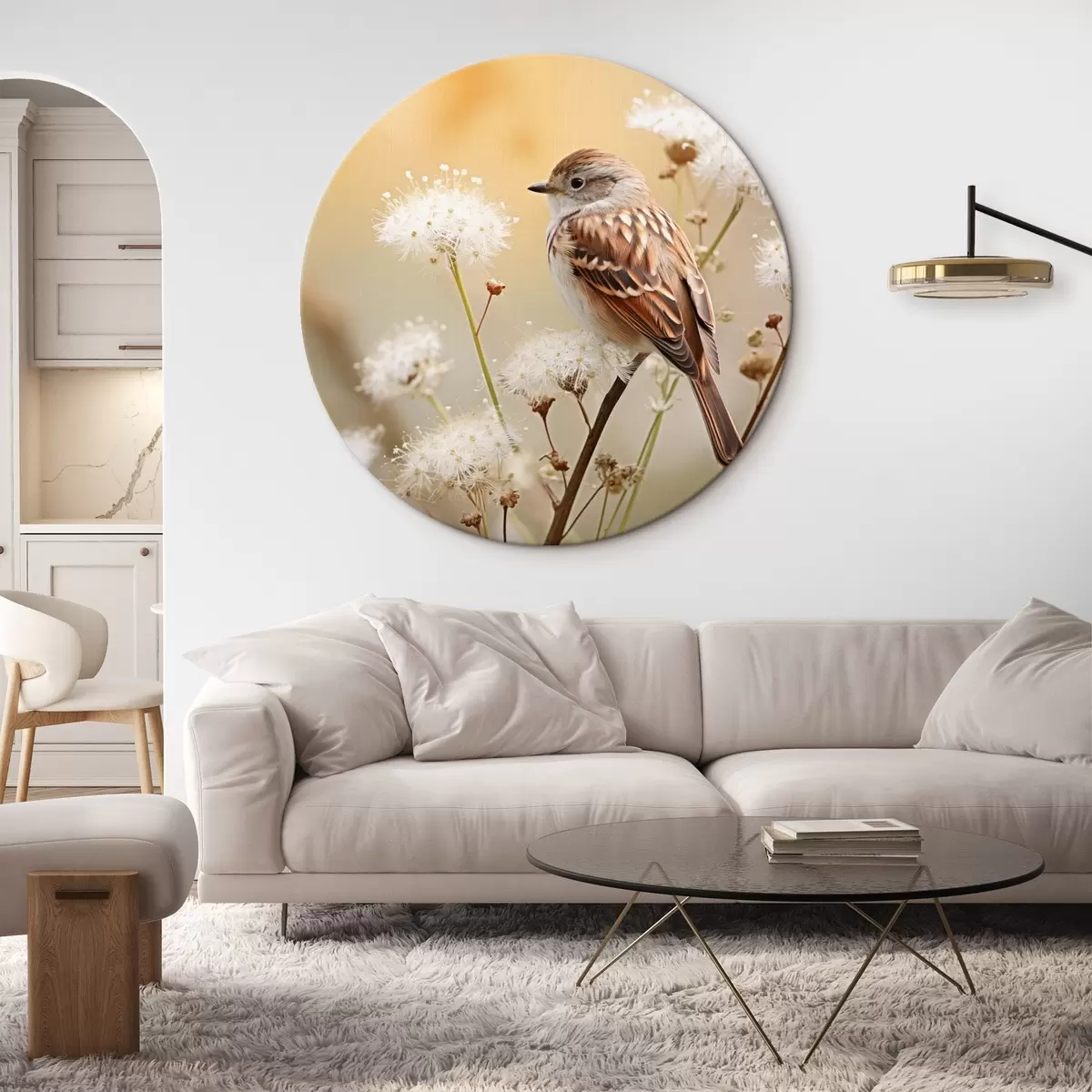 Quadri rotondi Uccello appollaiato su un ramo con fiori bianchi, soft focus, sfondo naturale r44393