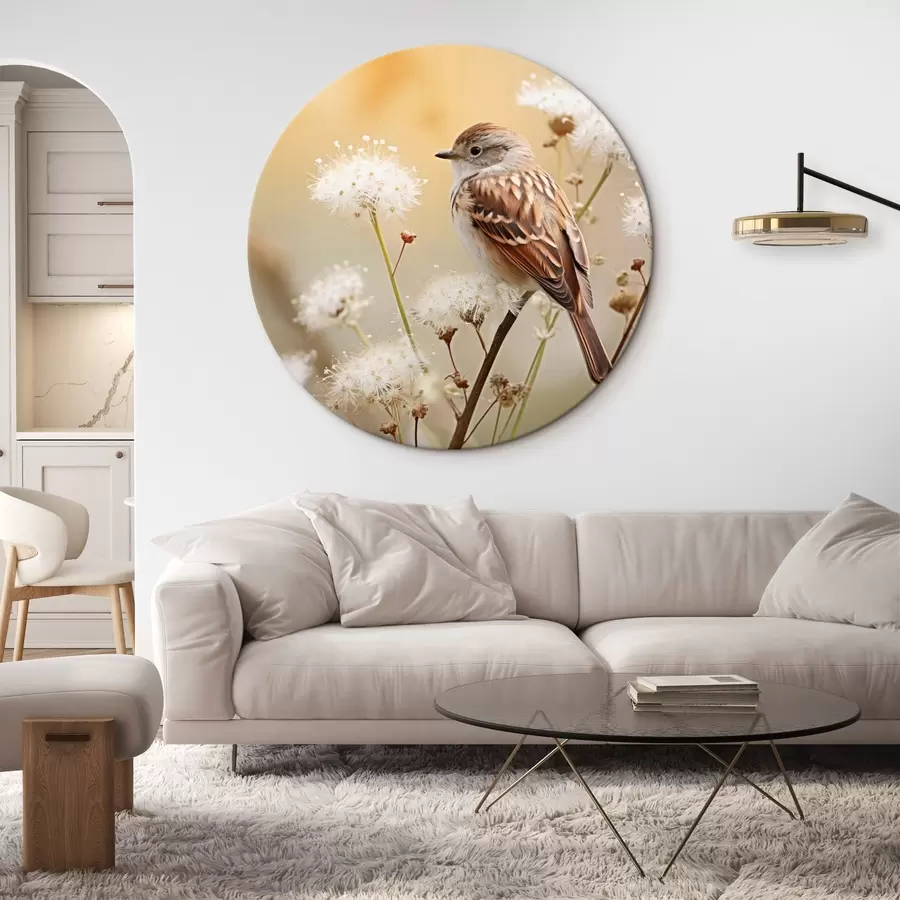 carta da parati Uccello appollaiato su un ramo con fiori bianchi, soft focus, sfondo naturale nr. r44393