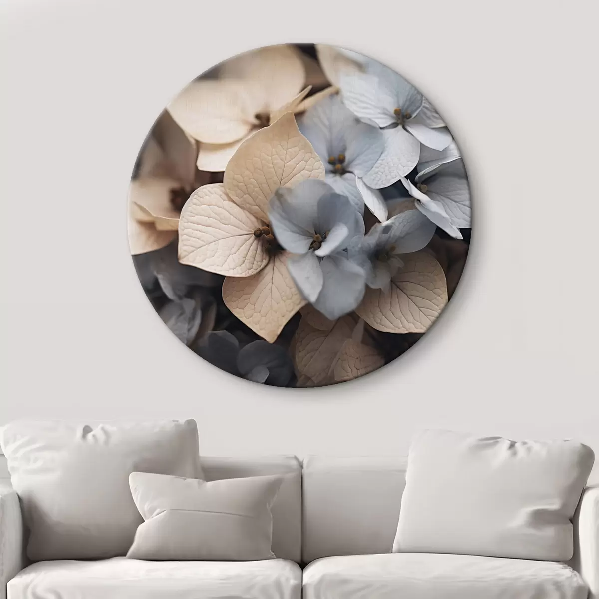 Quadri rotondi Fiori di ortensia, petali azzurri e beige, con texture dettagliate, composizione floreale elegante r44394
