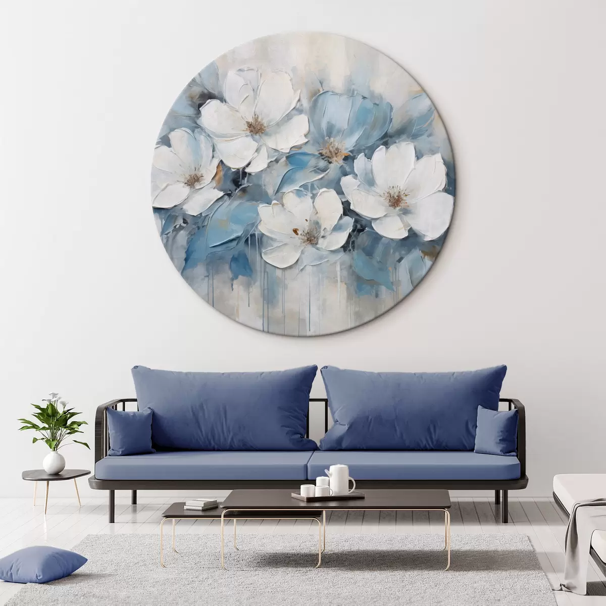 Quadri rotondi Fiori bianchi con foglie blu, su sfondo beige chiaro, con pennellate visibili r44395
