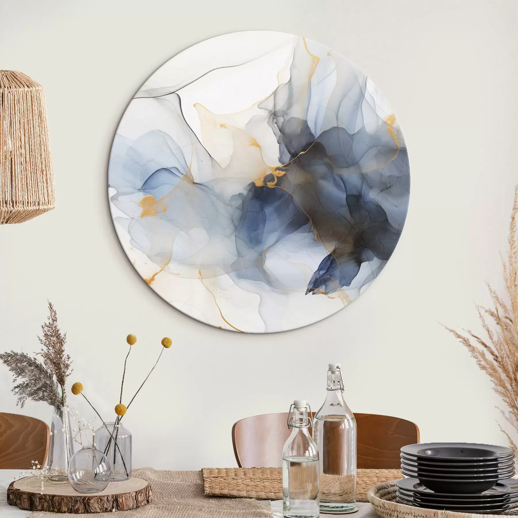 carta da parati Pittura astratta con inchiostro blu, forme fluide e organiche, texture delicate su sfondo bianco nr. r44397