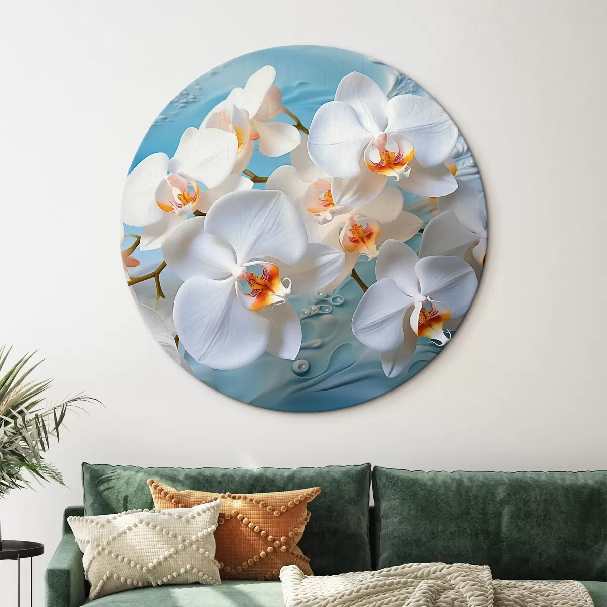 Quadri rotondi Orchidee bianche, disposte su una superficie azzurra con gocce d'acqua, illuminazione soffusa r44401