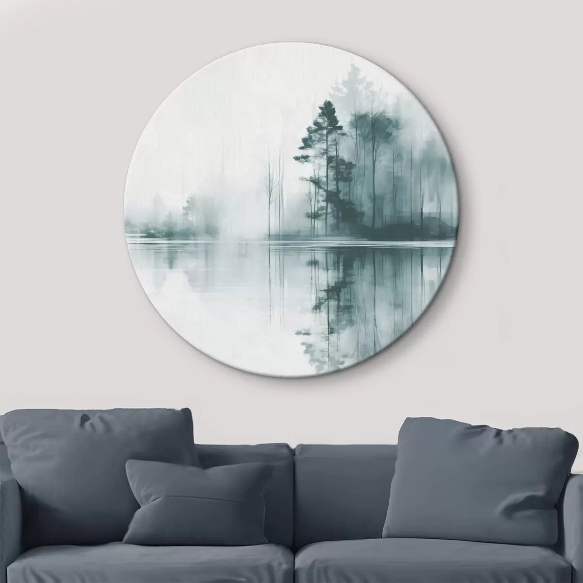 Quadri rotondi Foresta astratta con alberi ad alto fusto riflessi nell'acqua, tavolozza di colori tenui r44403
