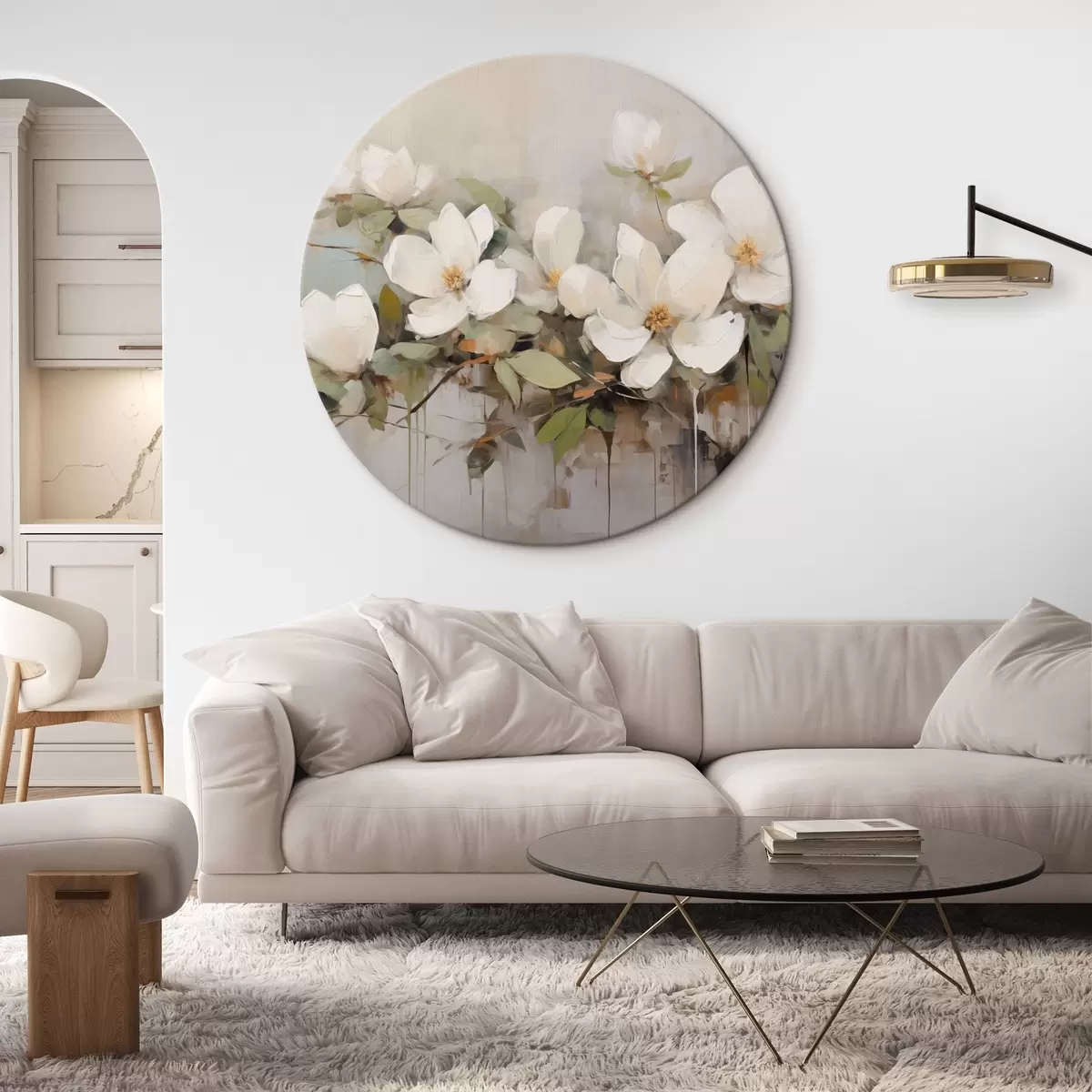 Quadri rotondi Fiori di magnolia bianchi con foglie verdi su un ramo, pennellate morbide, colori tenui r44404