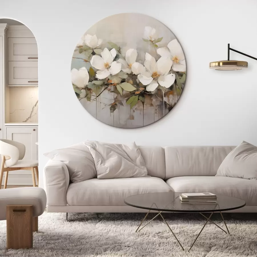 carta da parati Fiori di magnolia bianchi con foglie verdi su un ramo, pennellate morbide, colori tenui nr. r44404