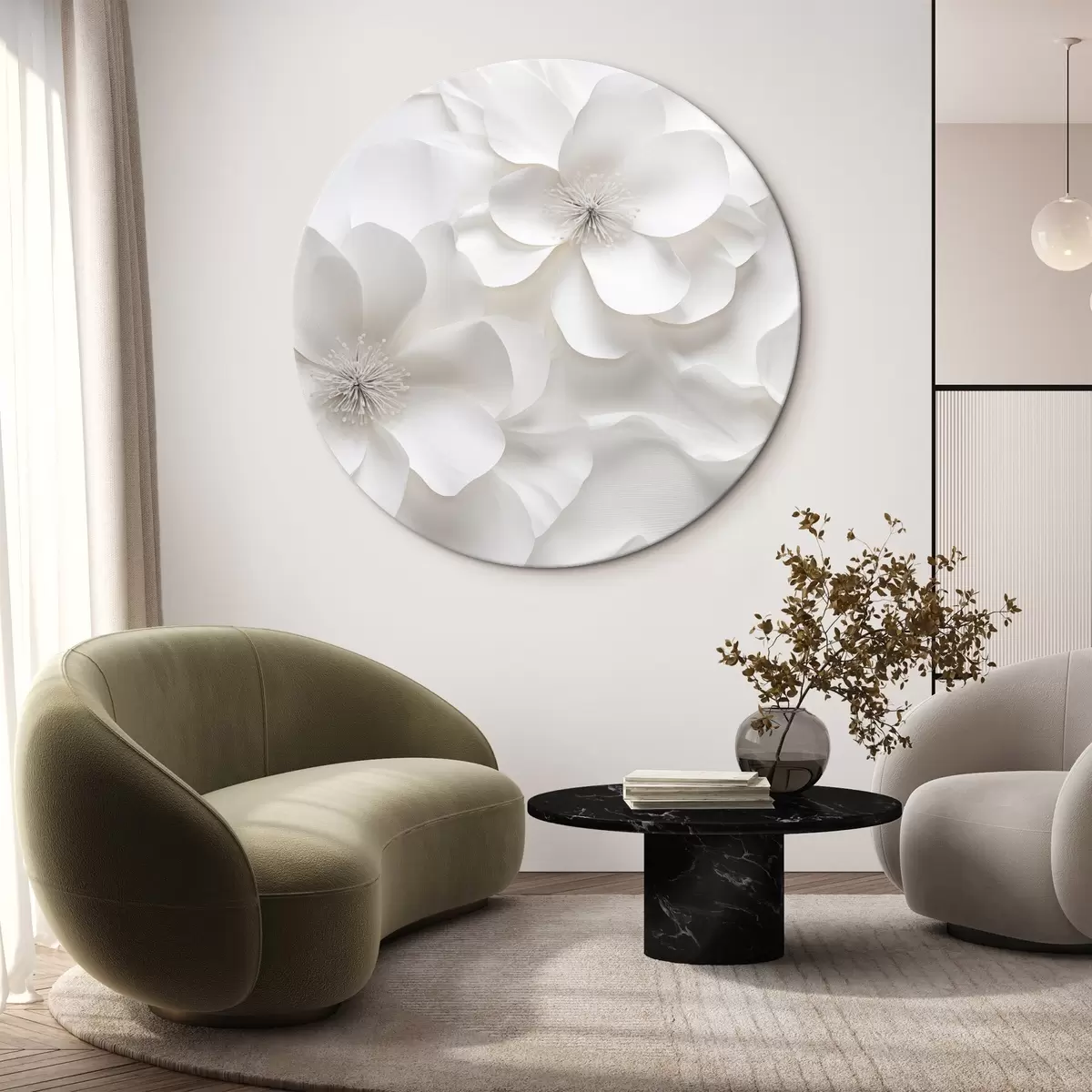 Quadri rotondi Fiori decorativi bianchi con petali delicati e stami intricati r44406