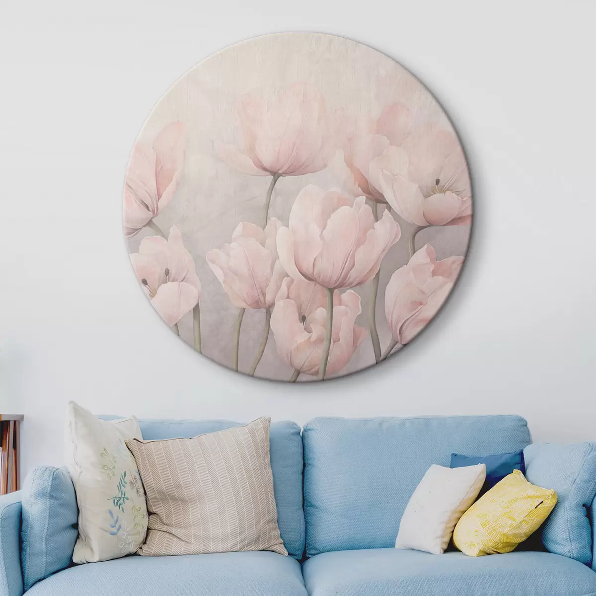 Quadri rotondi Tulipani rosa vintage con steli lunghi, colori tenui e tenui, sfondo grigio chiaro r44407