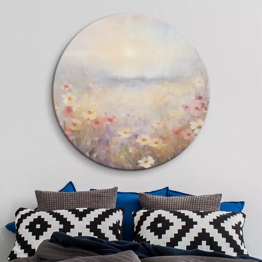 carta da parati Paesaggio soleggiato e strutturato di campo di fiori, colori pastello tenui, atmosfera sognante nr. r44408