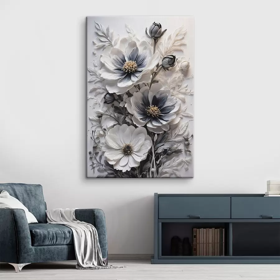 carta da parati Fiori bianchi e neri su sfondo bianco nr. s44446