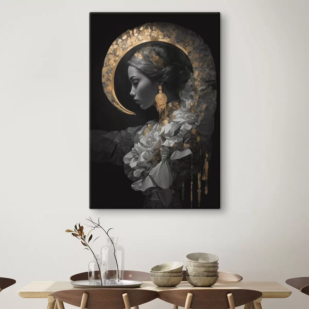 carta da parati Ragazza e luna crescente gialla su sfondo nero nr. s44449