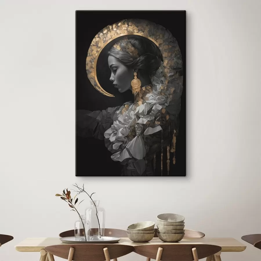 carta da parati Ragazza e luna crescente gialla su sfondo nero nr. s44449