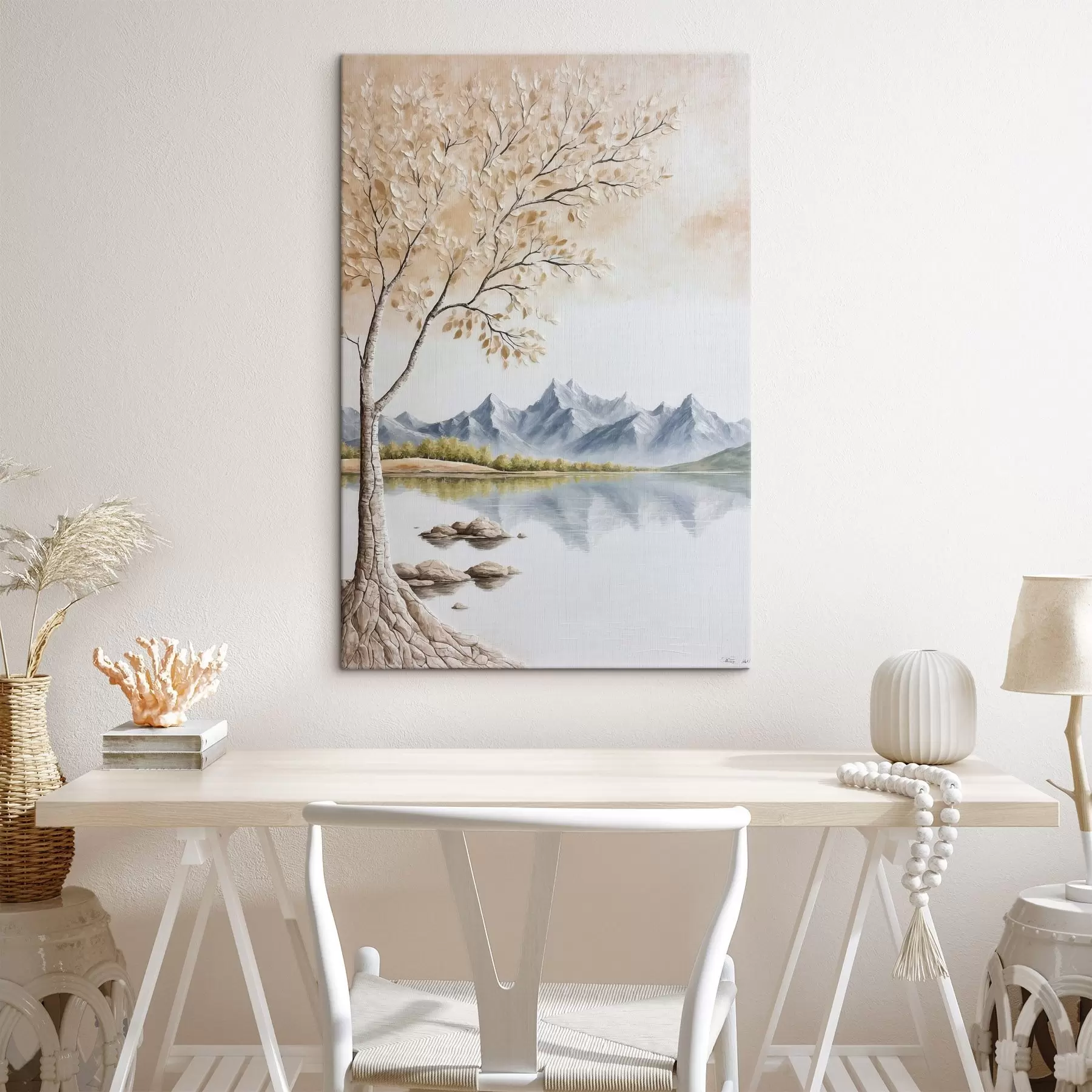 carta da parati Albero su lago e sfondo di montagne innevate nr. s44459