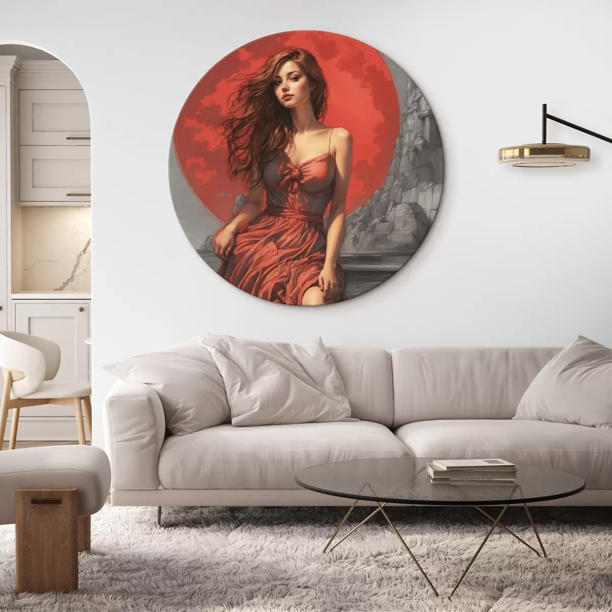 Quadri rotondi Ragazza su sfondo lunare rosso r44448