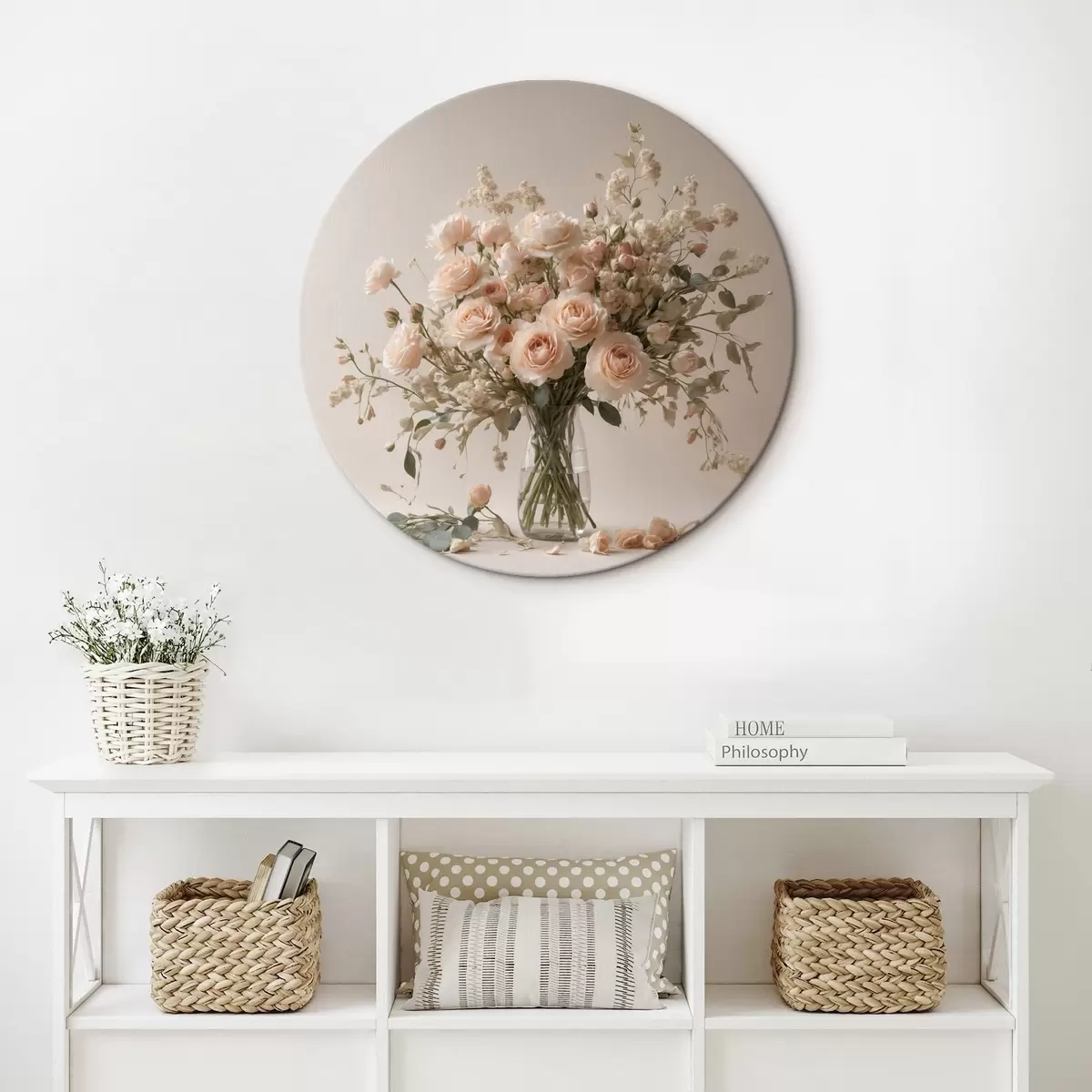 Quadri rotondi Rose bianche in vaso trasparente r44451